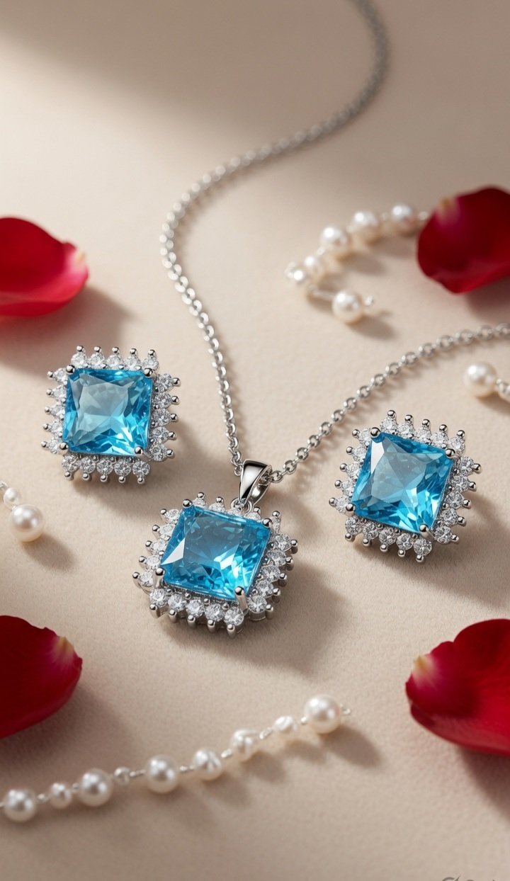 Oceanique Cushion-Cut Aquamarine Princess-Cut Pendant Set-Platinum Finish