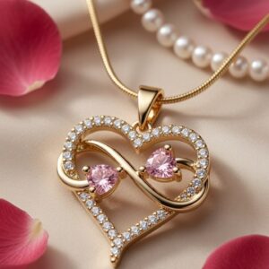 The Amour Eternal Dual Pink Heart And Infinity Necklace-Gold Finish