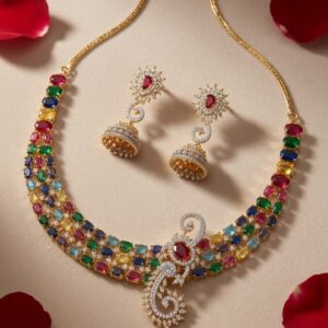 The Navratana Royalty Multi-Gemstone Choker With Hanging Jhumkas-Gold Finish
