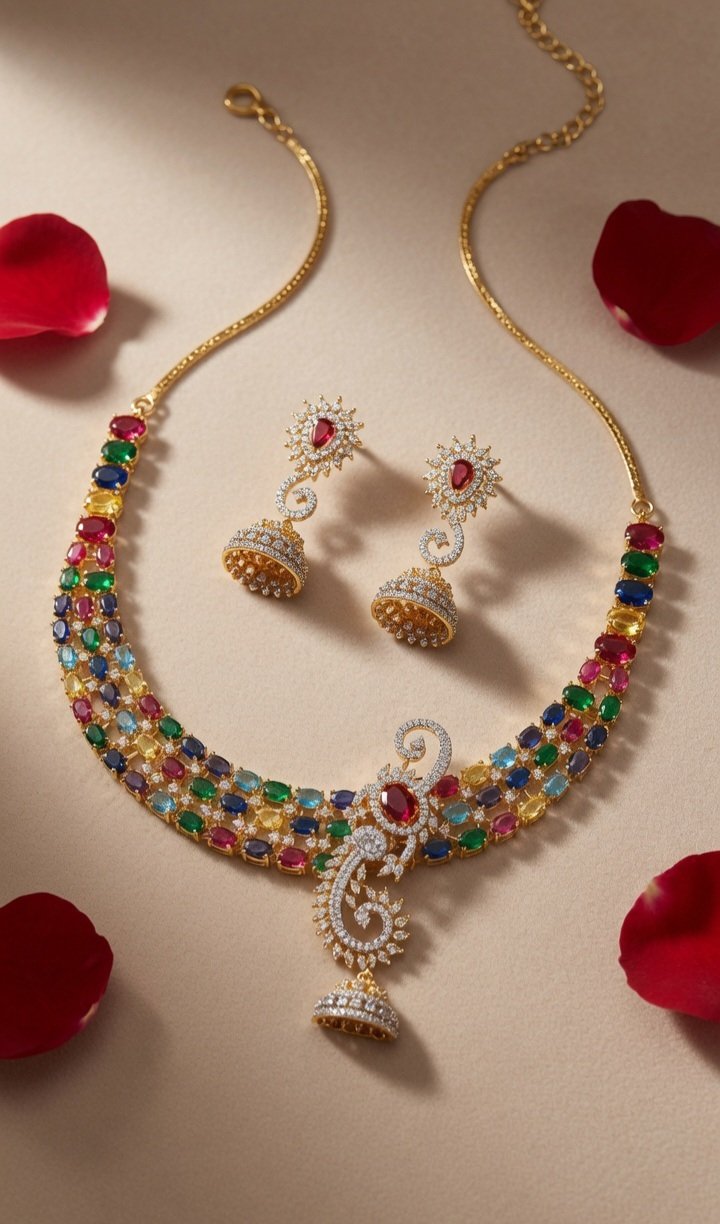 The Navratana Royalty Multi-Gemstone Choker With Hanging Jhumkas-Gold Finish