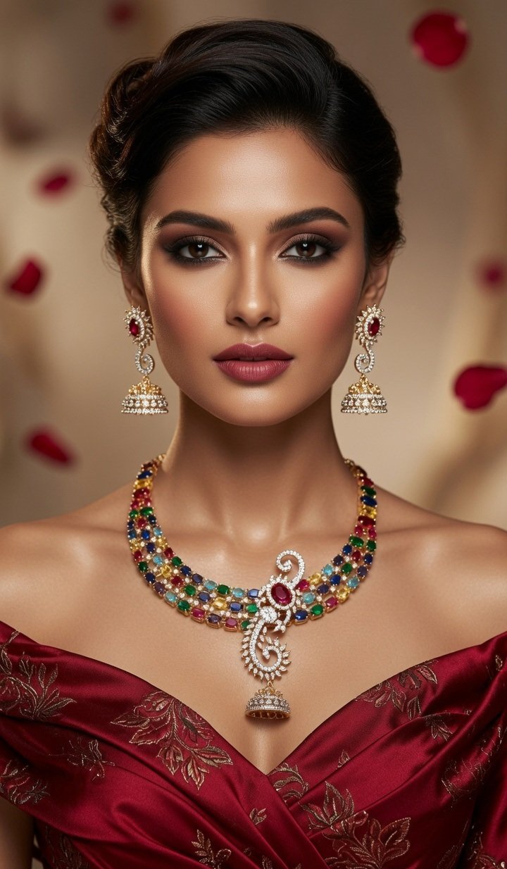 The Navratana Royalty Multi-Gemstone Choker With Hanging Jhumkas-Gold Finish - Image 2