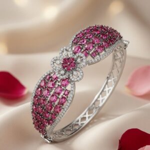 Scarlet Frost Lattice Pavè Ruby Kada Bracelet-Platinum Finish