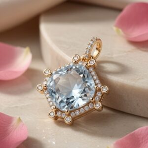 The Celestia Aquamarine Starburst Halo Pendant-Gold Finish