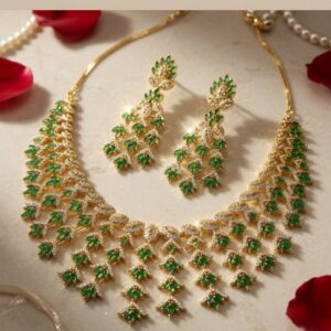 Enchanted Eden Leaf Cluster Fringe Green Gemstone Cz Bridal Choker Set-Gold Finish