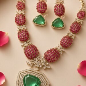 The Sovereign Pineapple Ruby And Emerald Zircon Necklace Set-Antique Finish