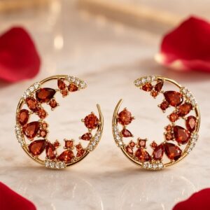The Crimson Crescent Garnet Moon Rust Red Earrings-Gold Finish