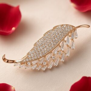 The Plume Pavilion Diamond-Style Feather Brooch-Gold Finish