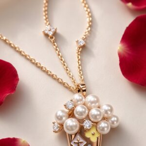 Royal Bouquet Pearl Cluster And Pastel Monogram Pendant Chain- Rose Gold Finish