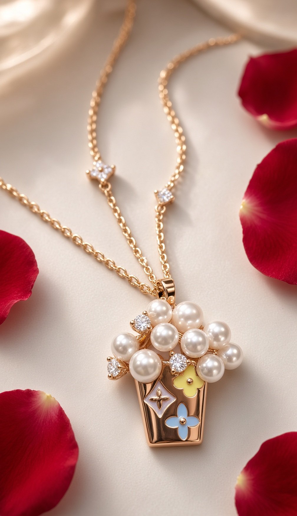 Royal Bouquet Pearl Cluster And Pastel Monogram Pendant Chain- Rose Gold Finish