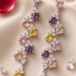 Pastel Prism Cascading Multicolor Heart Drop Earrings-Platinum Finish