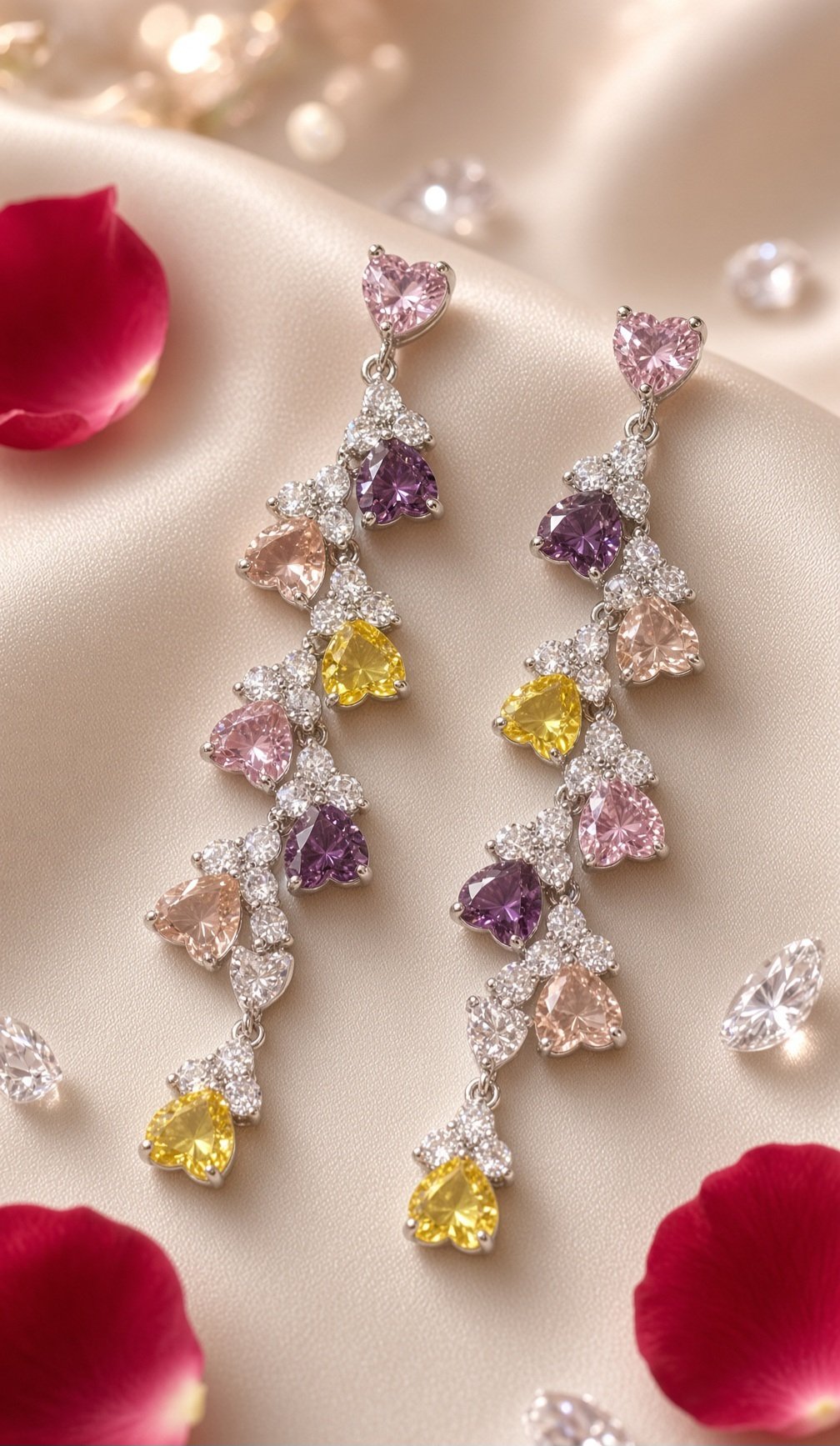 Pastel Prism Cascading Multicolor Heart Drop Earrings-Platinum Finish