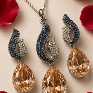 Imperial Wave Navy Micro-Pavè And Sapphire Peach Pear-Cut Pendant Set-Black Rhodium Finish