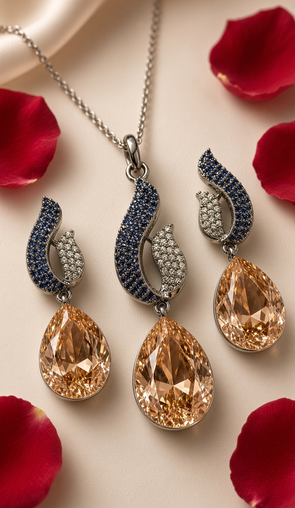 Imperial Wave Navy Micro-Pavè And Sapphire Peach Pear-Cut Pendant Set-Black Rhodium Finish