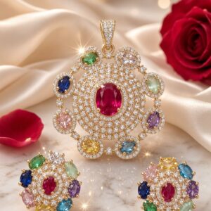 The Navratana Spectrum Multi-Gemstone Mandala Pendant Set-Gold Finish