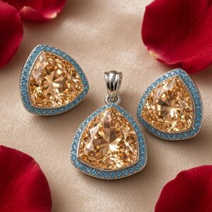 The Champagne Trillion And Turquoise Pendant Set-Platinum Finish