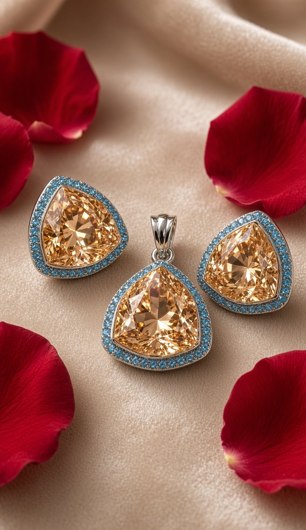 The Champagne Trillion And Turquoise Pendant Set-Platinum Finish