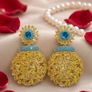 Azure And Canary Yellow Crystal Mosaic Turquoise Dangle Earrings-Gold Finish