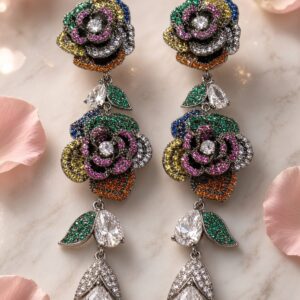 Rainbow Rose Blossom And Pear Chandelier Drop Earrings-Black Rhodium Finish