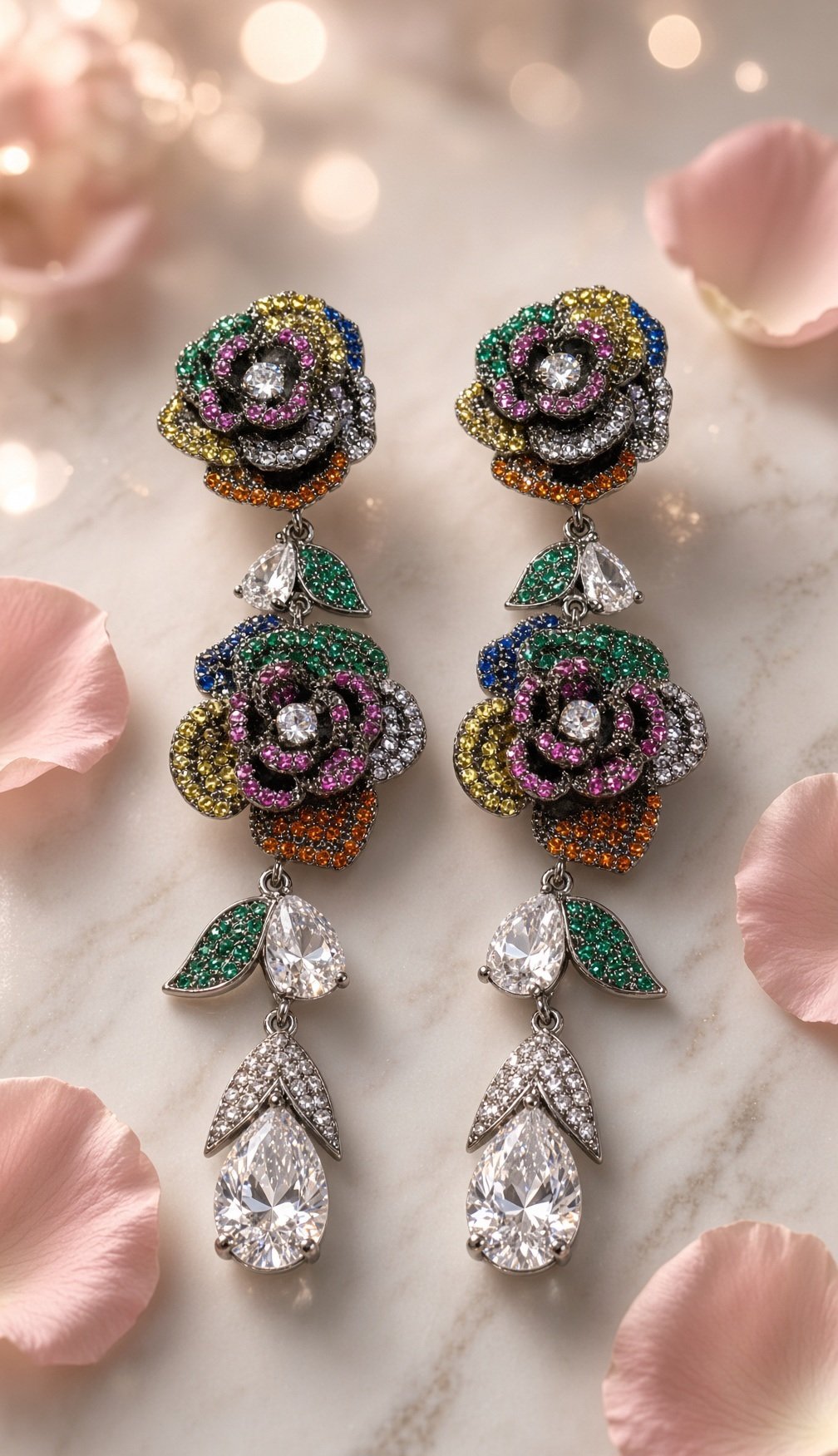 Rainbow Rose Blossom And Pear Chandelier Drop Earrings-Black Rhodium Finish