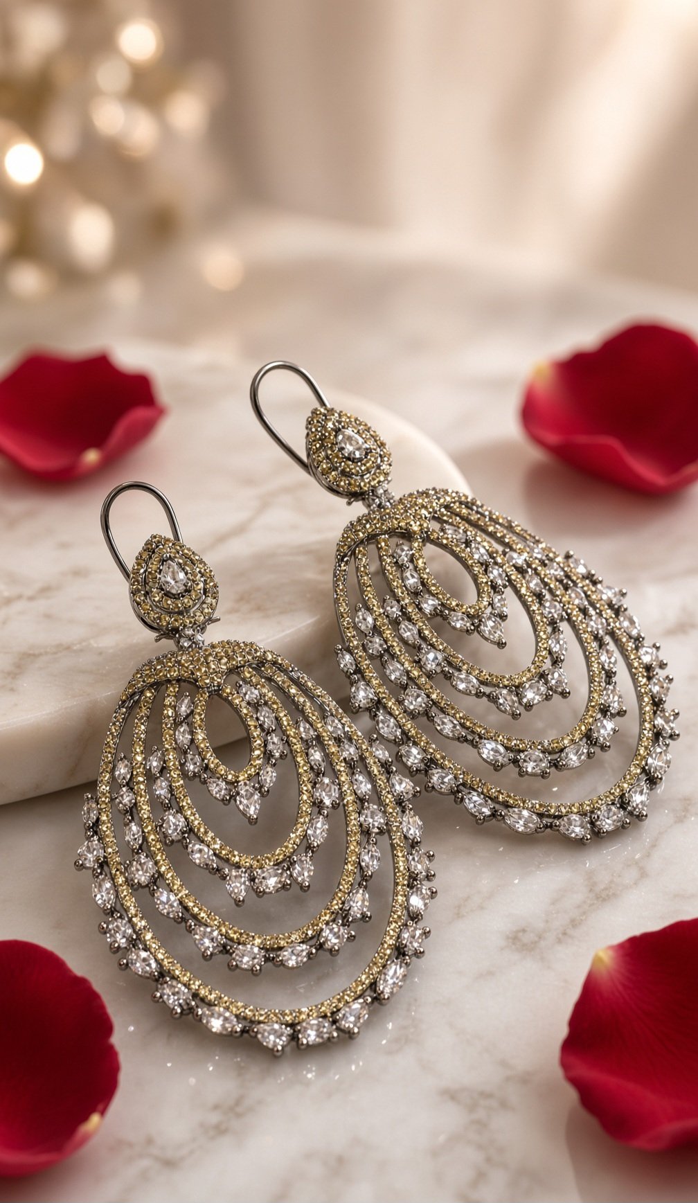 Gilded Cascade Diamond-Style And Multi-Tiered Oval Chandelier Earrings-Black Rhodium Finish