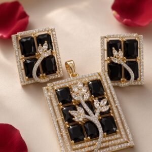 Midnight Radiance Mosaic Rectangular Black Pendant Set-Gold Finish