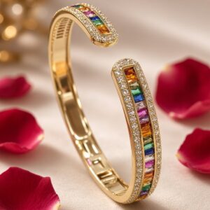 The Prism Spectrum Rainbow Baguette Pavè Open Kada Bracelet-Gold Finish