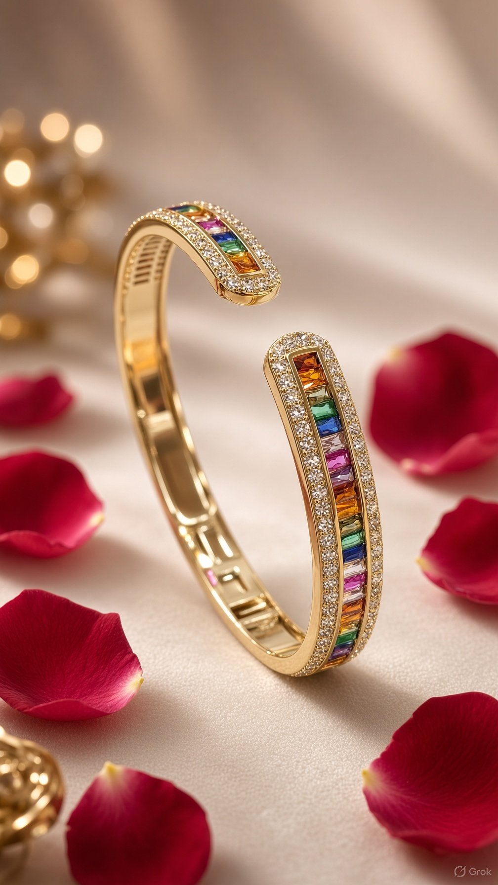 The Prism Spectrum Rainbow Baguette Pavè Open Kada Bracelet-Gold Finish