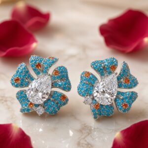 The Azure Lotus Pear-Cut Cz Floral Earrings-Platinum Finish