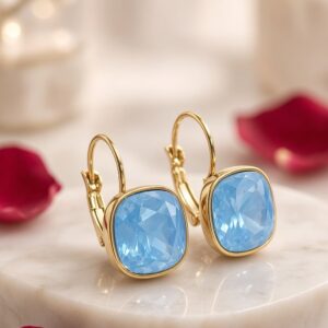 Blue Cushion-Cut Leverback Earrings-Gold Finish