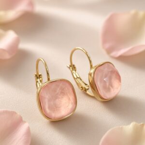 Rose Quartz Cushion-Cut Leverback Drop Earrings-Gold Finish