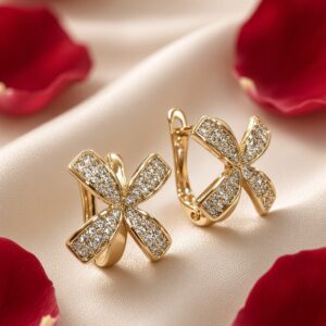 The Aethel Floral Bow Diamond-Style Huggie Earrings-Gold Finish