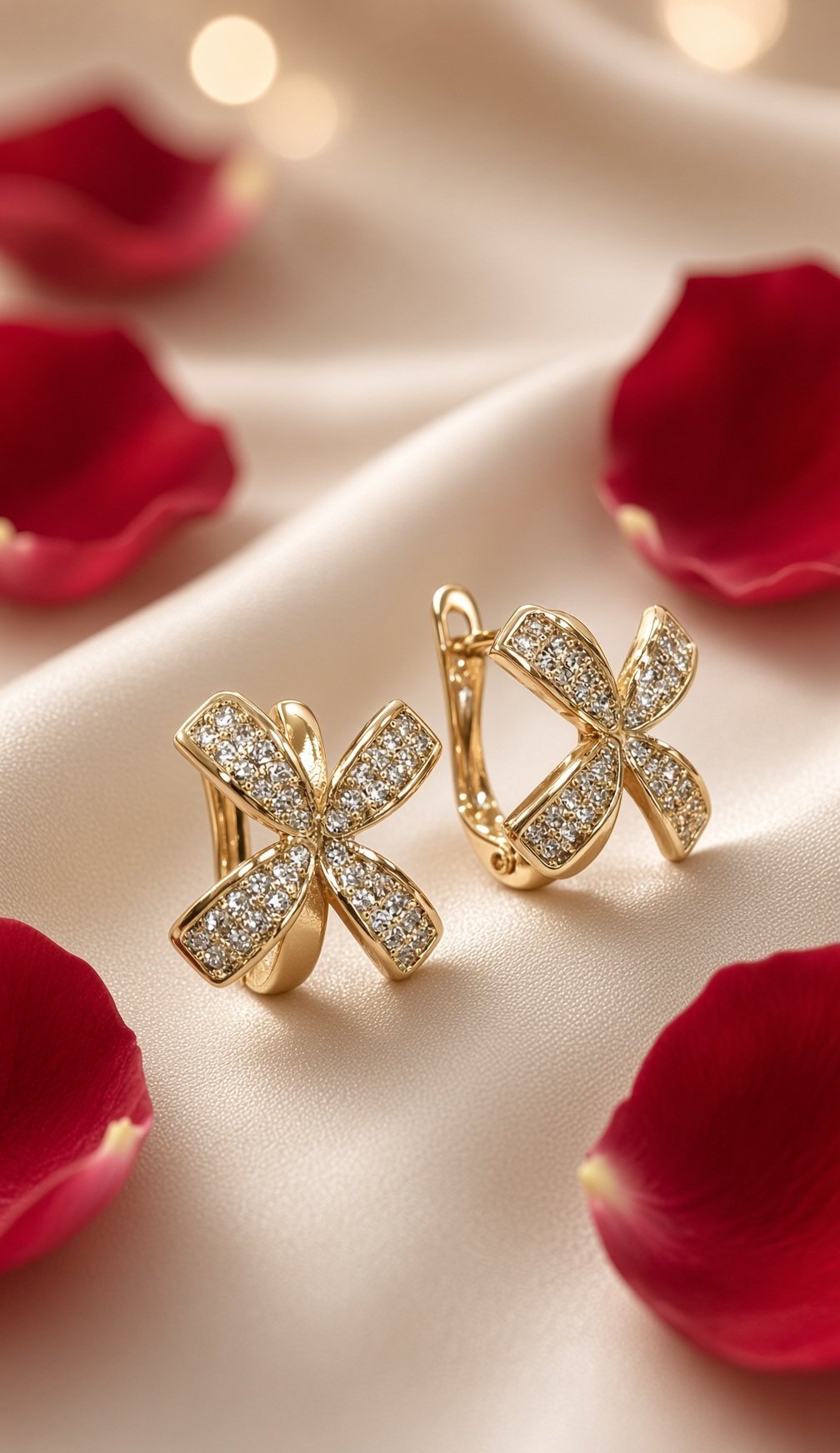 The Aethel Floral Bow Diamond-Style Huggie Earrings-Gold Finish