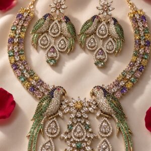 Flora And Fauna Pastel Gemstone Mayura Peacock Choker Set-Antique Finish
