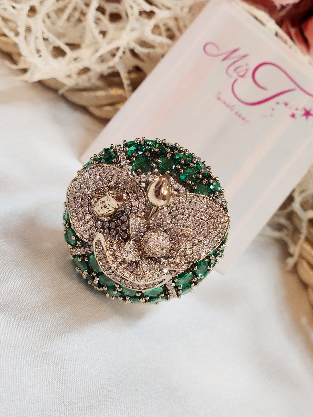 Secret Garden Rose Quartz Cz Emerald Green Ring