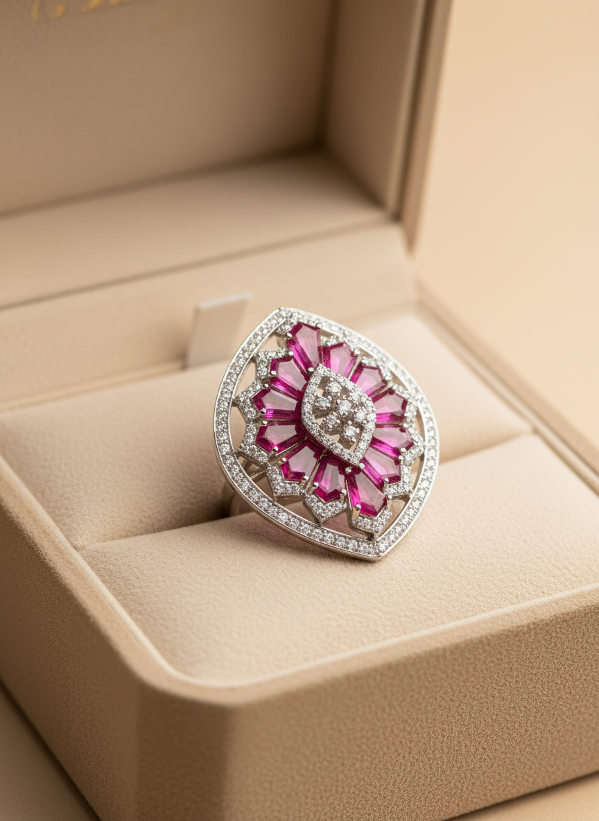 Wine Red Platinum Finish Queen Energy Statement Ring
