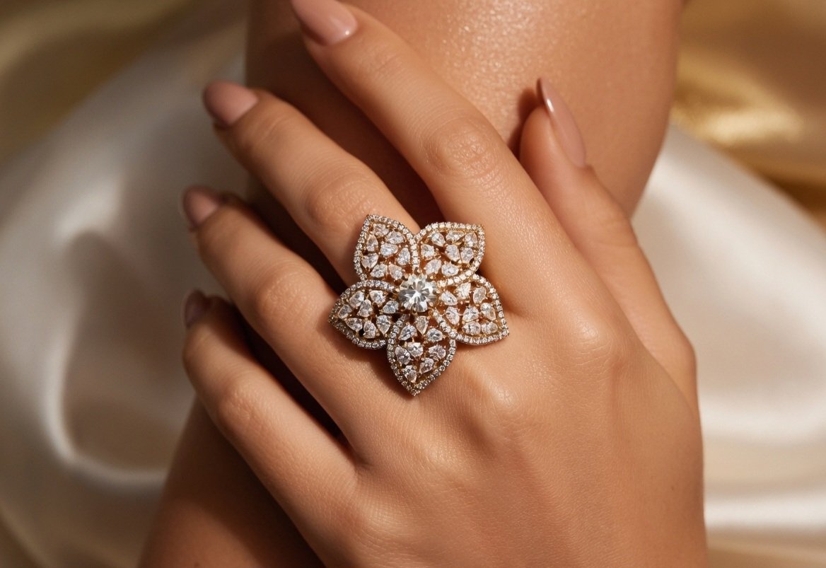 Diamond white Floral CZ Statement Ring Set Adjustable - Image 2