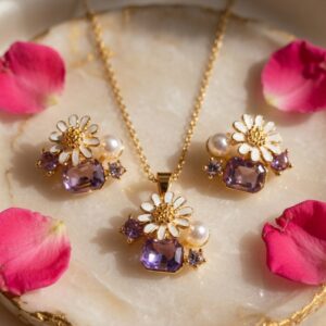 Azure Lilac Lilly  Pendant Necklace Set With Earrings