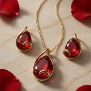 Ruby Royale Teardrop Pendant Set-Gold Finish