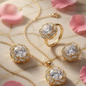 Petal-Inspired Solitaire Pendant Set With Ring-Gold Finish