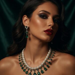 The Verdant Majesty South Sea Pearl And Pear-Cut Emerald Gala Choker Set-Platinum Finish