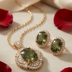 Verdant Halo Baguette Diamond Border Olive Quartz Pendant Set-Gold Finish
