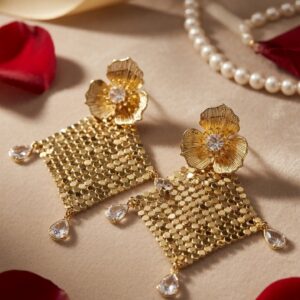 Paloma Luxury Gold Mesh Geometric Earrings With Floral Accents-Gold Finish