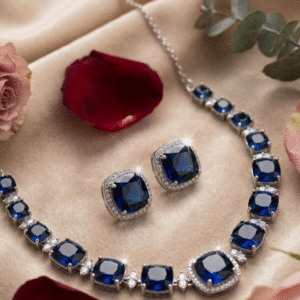 Capri High-Jewelry Diamond And Velvet Blue Gemstone Necklace Set-Platinum Finish
