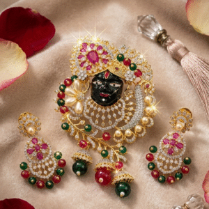 The Shrinathji Divine Heritage Luxury Jadau Diamond-Style And Pearl Trim Pendant Set-Gold Finish