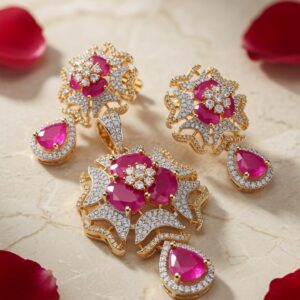 The Gulistan Royale Intricate Geometric Scarlet Mandala Pendant Set-Gold Finish