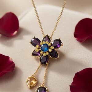 The Anastasia Amethyst Flower And Sapphire Blue Drop Necklace-Gold Finish