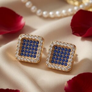Sienna Sapphire Blue And Pavè Geometric Halo Studs-Gold Finish