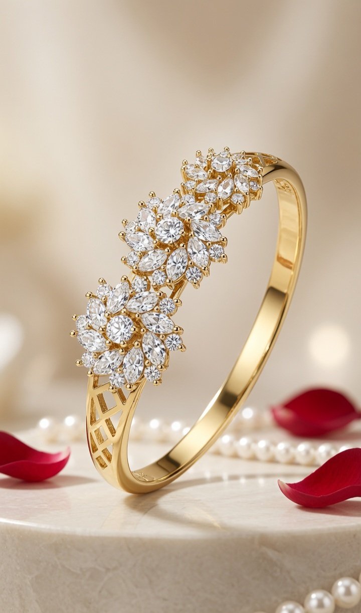 The Evangeline Diamond-Style Cluster Starburst Kada Bracelet-Gold Finish