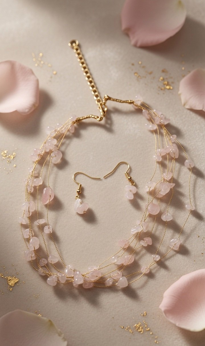 The Sakura Blossom Pale Rose Quartz Multi-Strand Necklace-Gold Finish