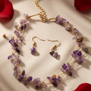 The Amara Raw Amethyst Multi-Strand Necklace Set-Gold Finish